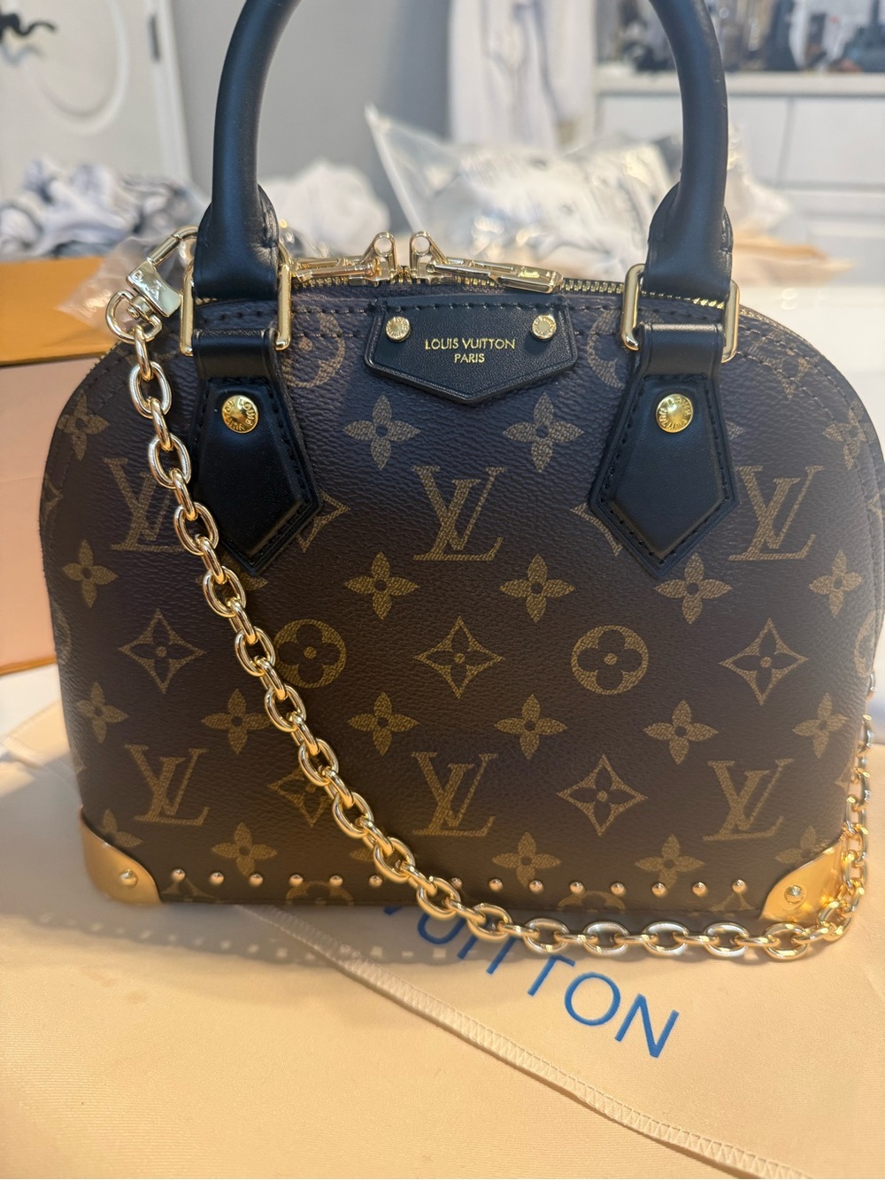 1.1 LV Brown Monogram Alma BB Satchel with Gold Chain Detail
